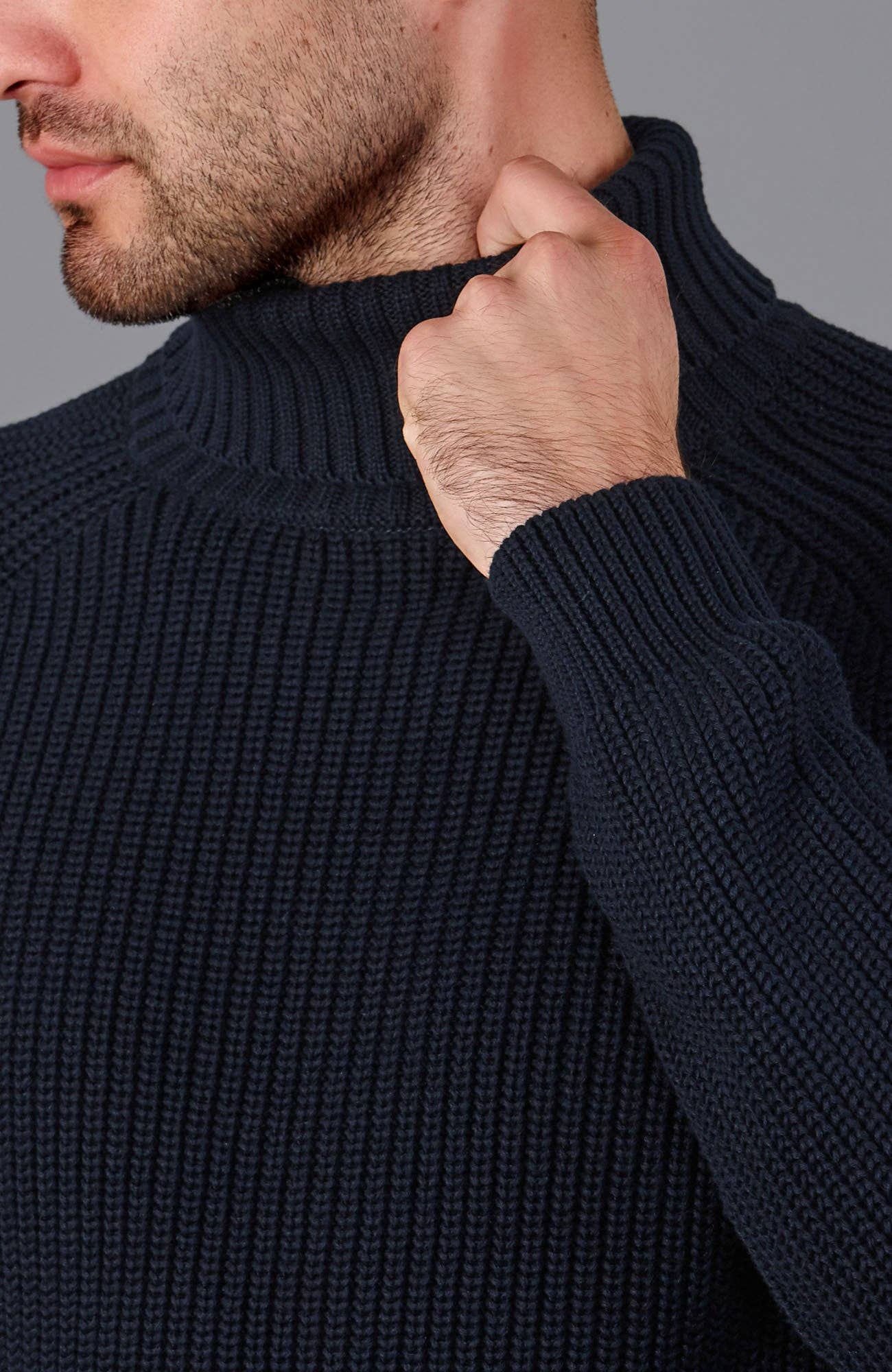 Men's Midweight Cotton Fisherman Rib Knit Roll Neck Jumper Sweater