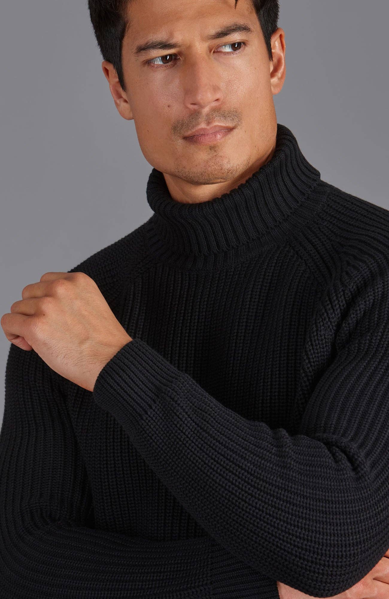 Men's Midweight Cotton Fisherman Rib Knit Roll Neck Jumper Sweater