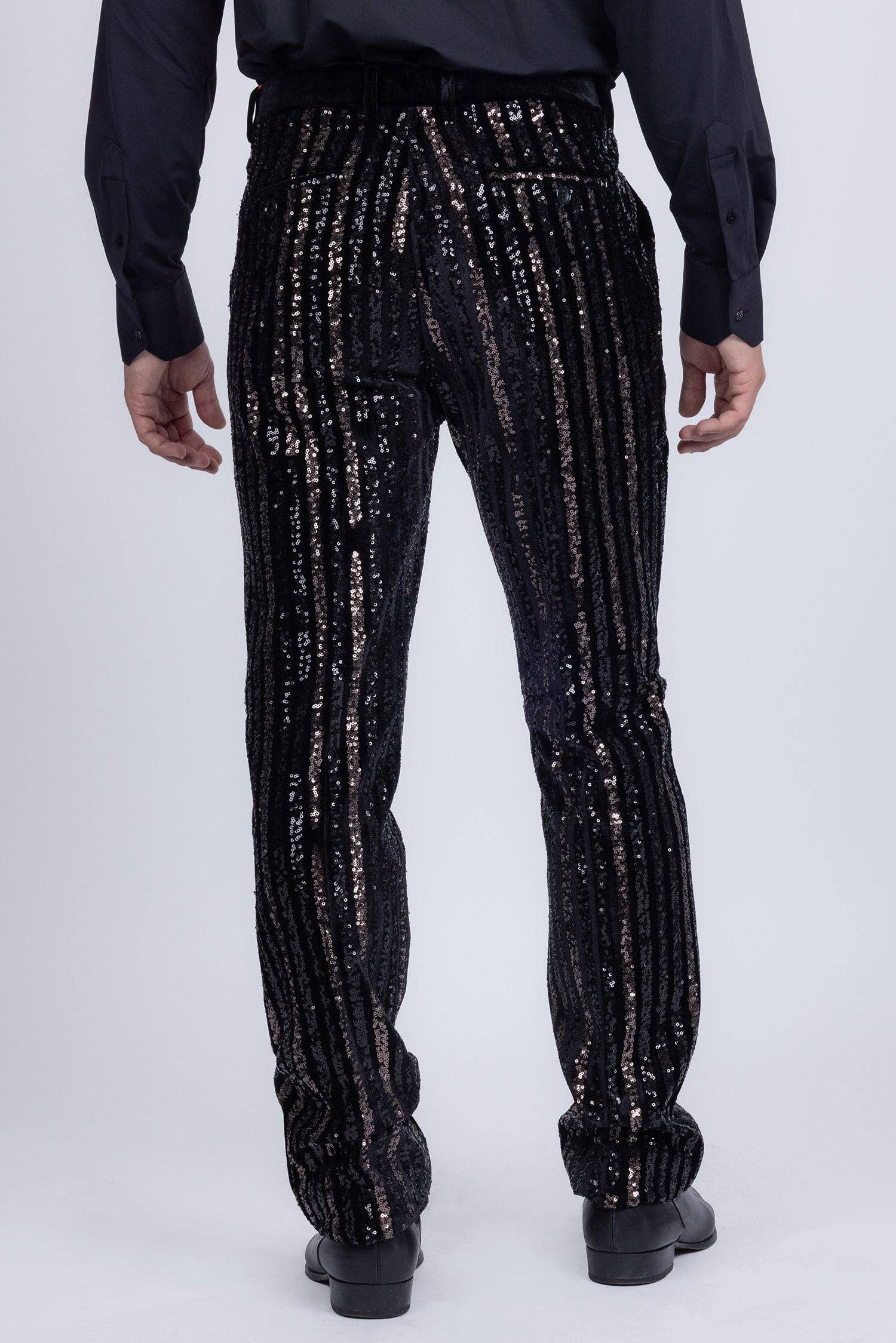 Men's Black Gunmetal Sequin Slim Fit Stretch Pants - Dazzling Party & Stage Wear