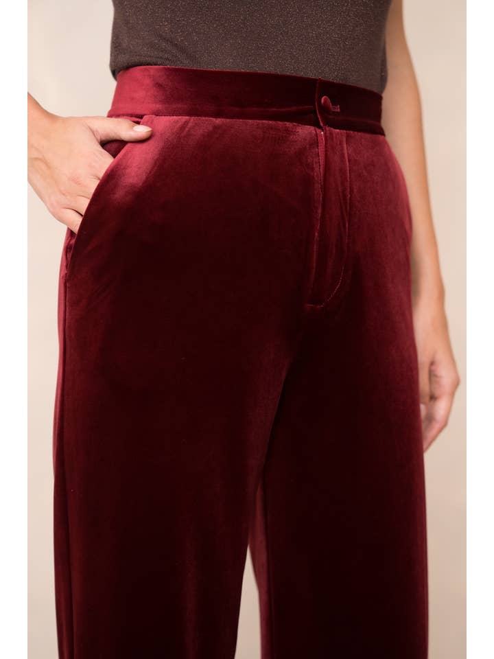 Elegant High-Waisted Straight-Cut Velvet Trousers with Side Pockets, Button Closure