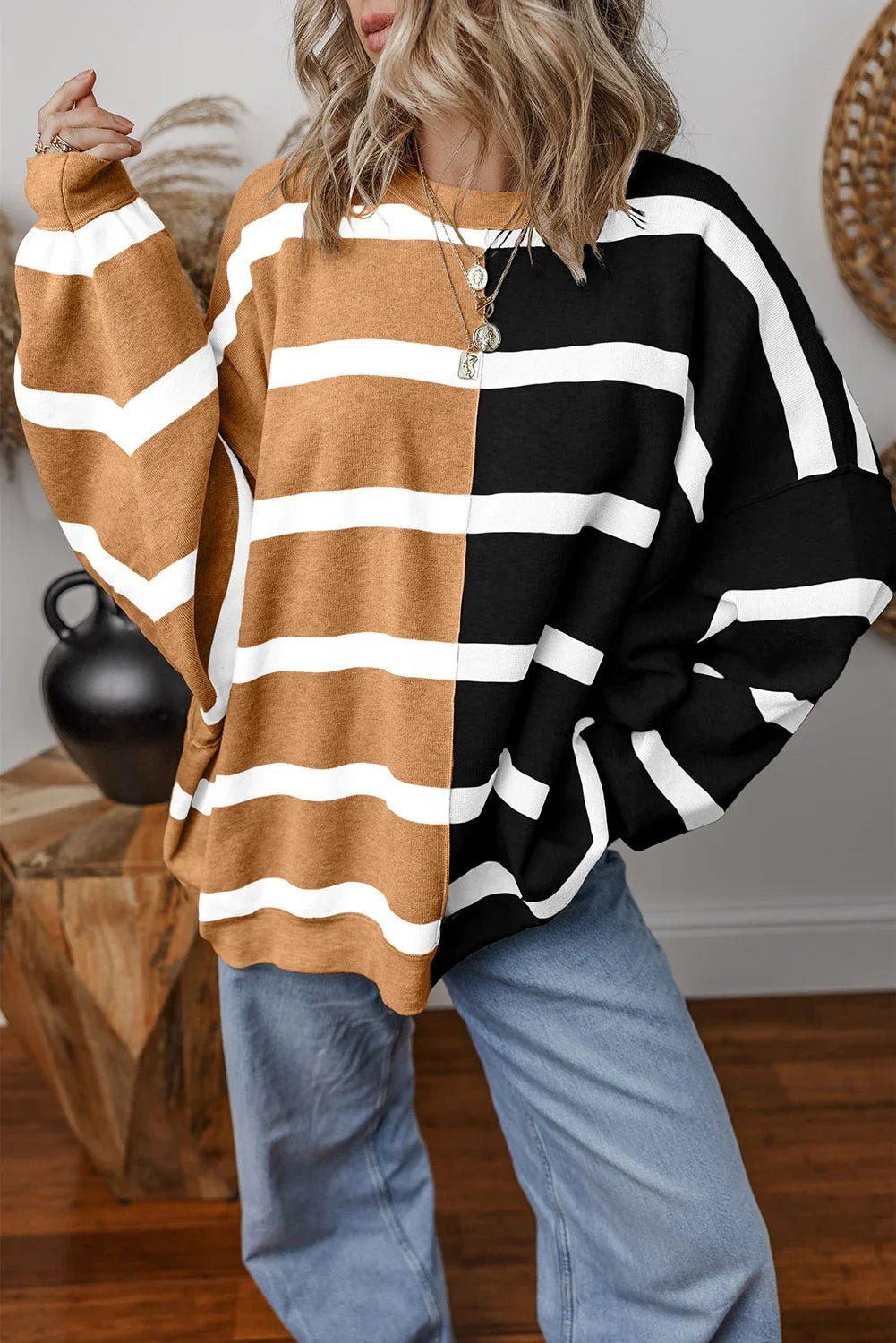 Striped Patchwork Drop Shoulder French Beige Sweater