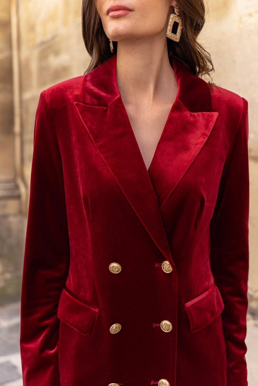 Luxury Velvet Double Breasted Burgundy Dress Jacket Gold Buttons