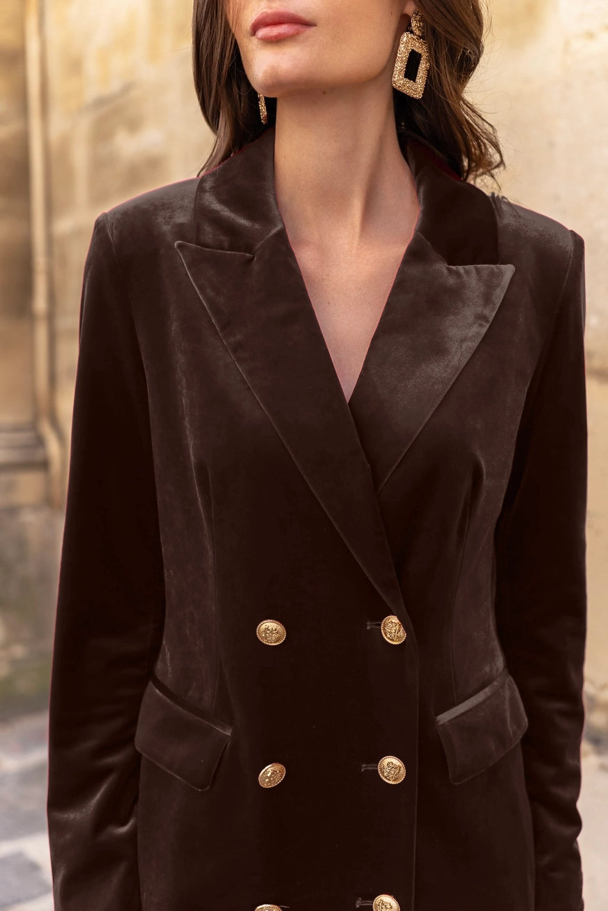 Luxury Velvet Double Breasted Choco Dress Jacket Gold Buttons