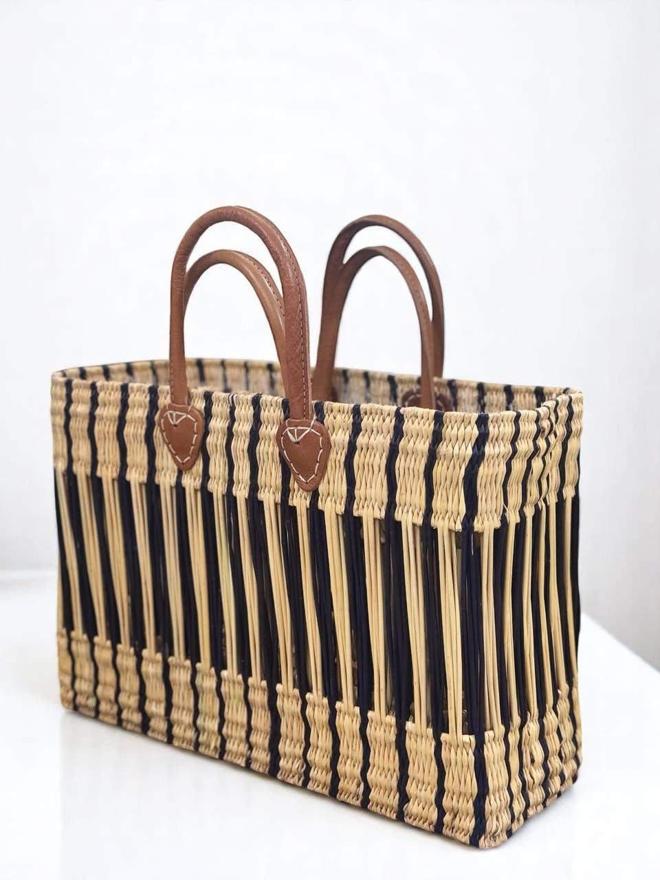 Moroccan Handwoven Straw Tote Bag with Leather Handles - Eco-Friendly Striped Design
