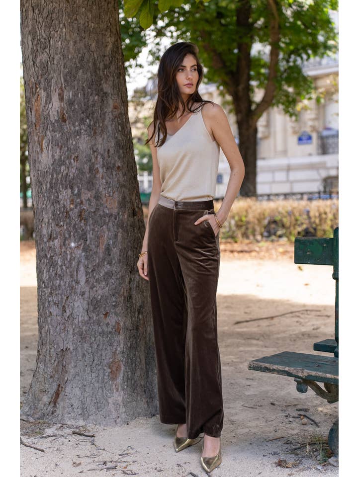 Elegant High-Waisted Straight-Cut Velvet Trousers with Side Pockets, Button Closure