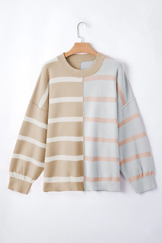 Striped Patchwork Drop Shoulder Khaki Sweater
