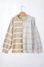 Striped Patchwork Drop Shoulder Khaki Sweater