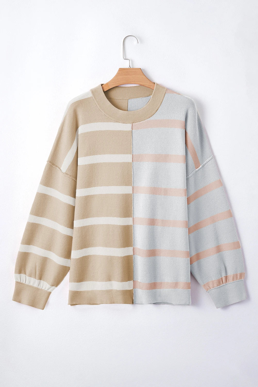 Striped Patchwork Drop Shoulder Khaki Sweater