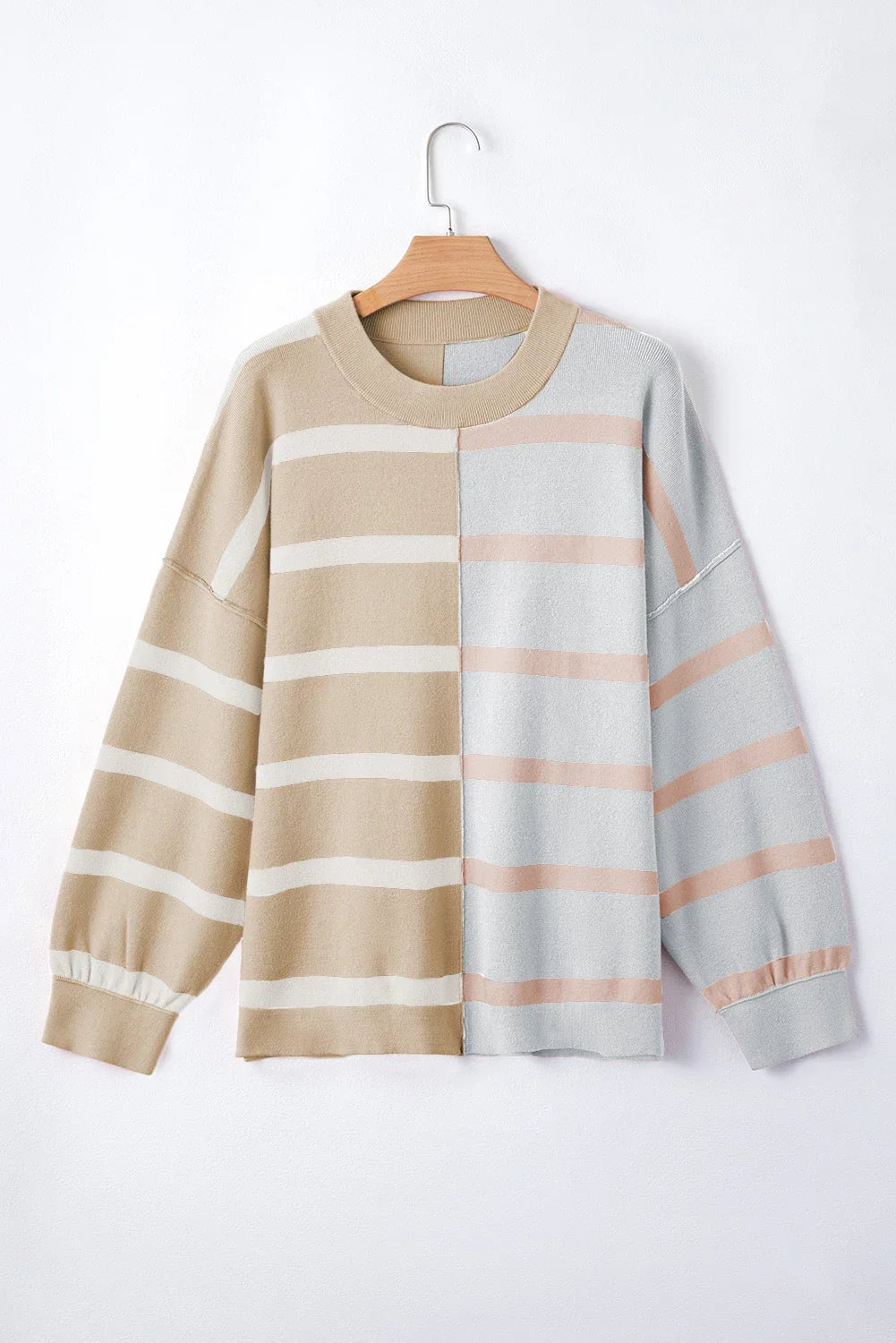 Striped Patchwork Drop Shoulder Khaki Sweater
