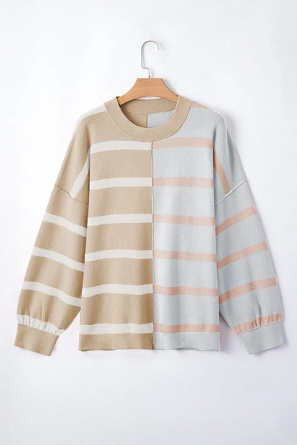 Striped Patchwork Drop Shoulder Khaki Sweater