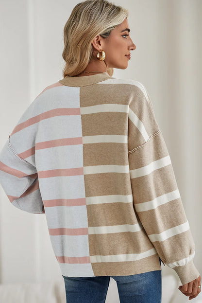 Striped Patchwork Drop Shoulder Khaki Sweater