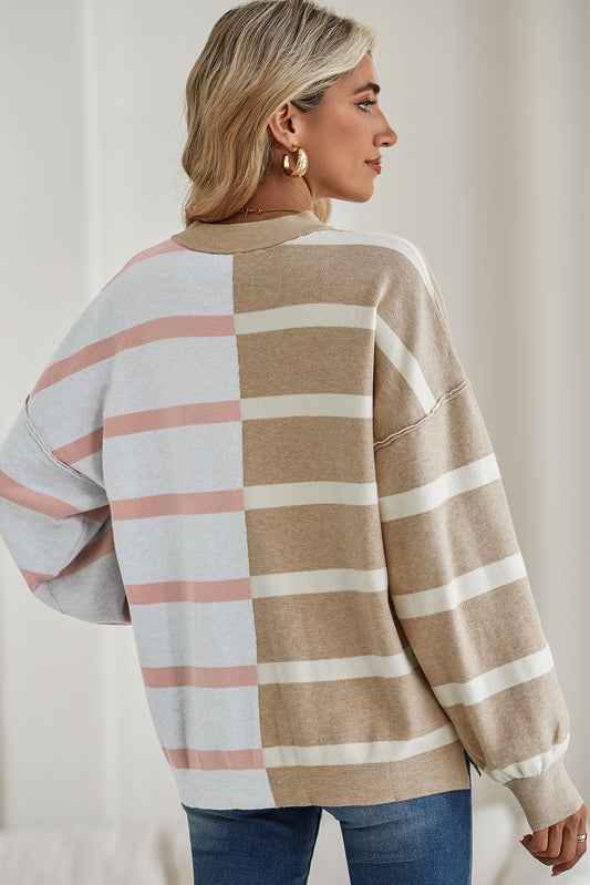 Striped Patchwork Drop Shoulder Khaki Sweater