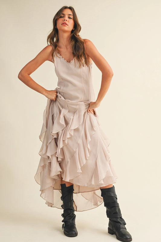 Lace V Neck Ruffled Cami Cream Dress