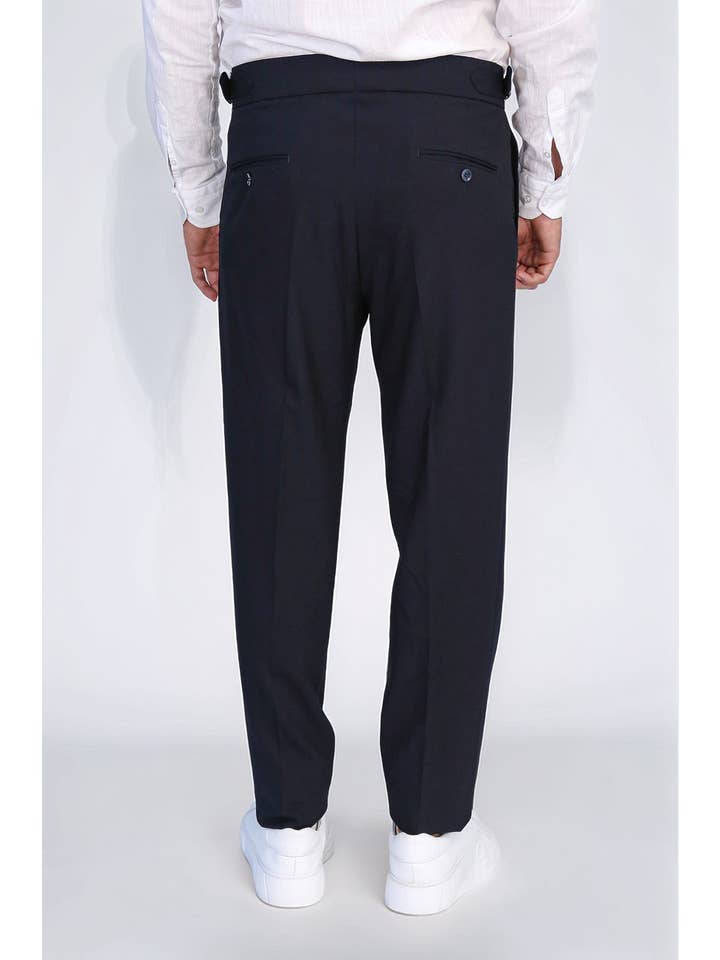 Men's Navy Double-Pleated High-Waisted Slim Fit Trousers with Adjustable Side Buckles