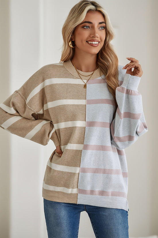 Striped Patchwork Drop Shoulder Khaki Sweater