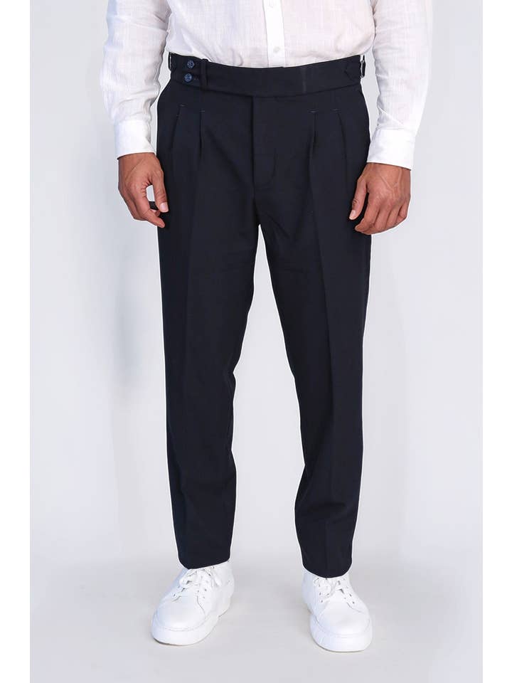 Men's Navy Double-Pleated High-Waisted Slim Fit Trousers with Adjustable Side Buckles
