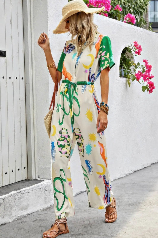 Allover Spring Button Up Belt Jumpsuit