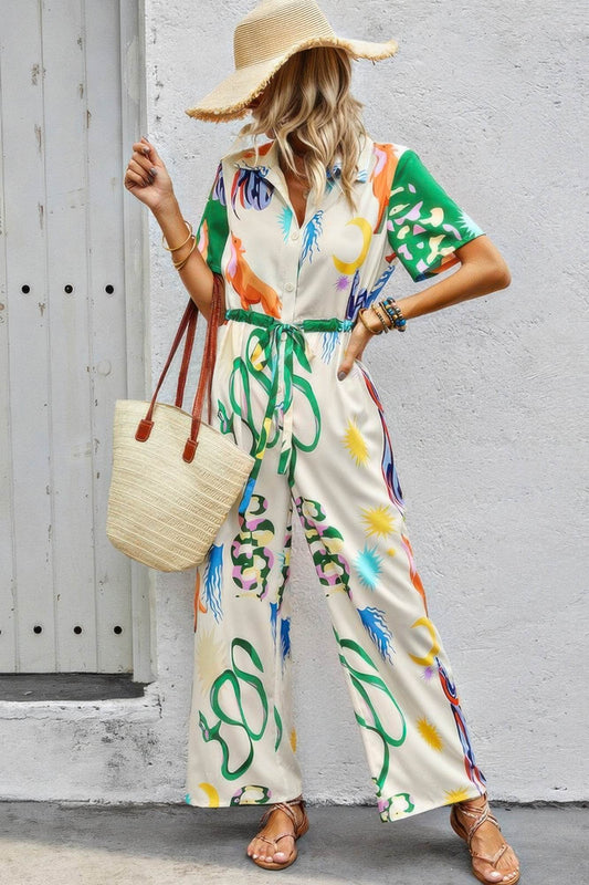 Allover Spring Button Up Belt Jumpsuit