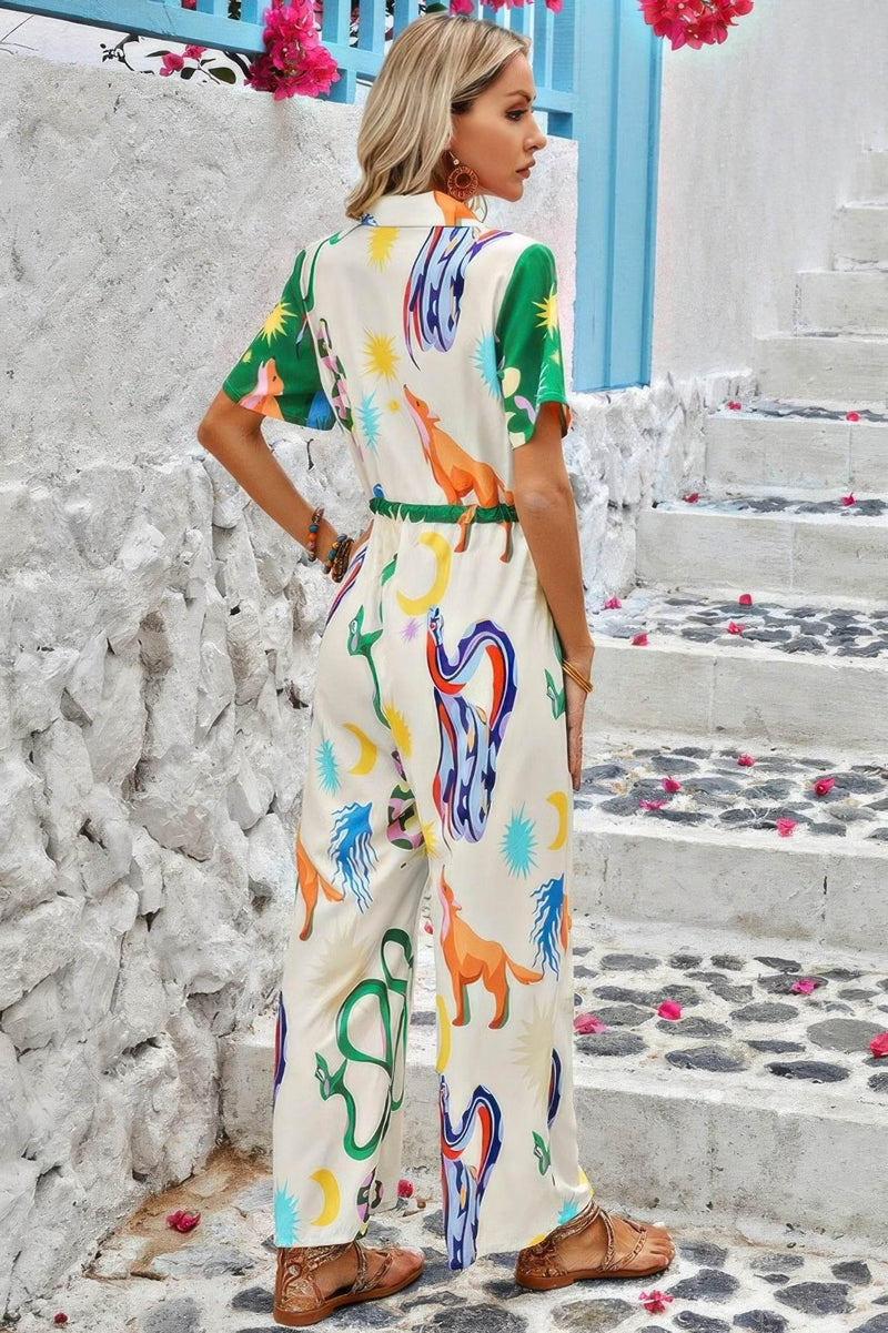 Allover Spring Button Up Belt Jumpsuit - IVORYNN