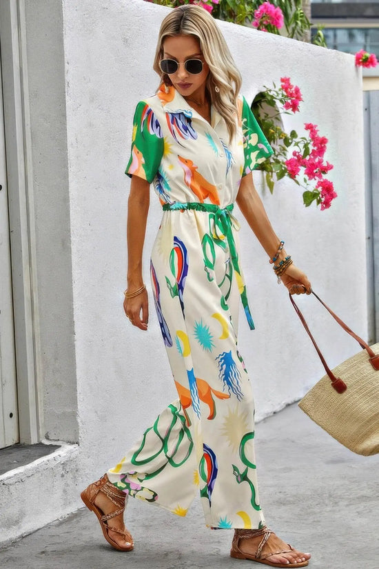 Allover Spring Button Up Belt Jumpsuit - IVORYNN