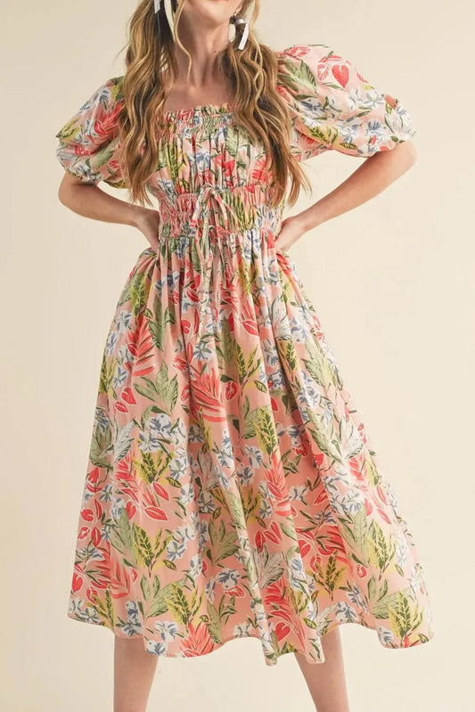 Apricot Pink Floral Knot Smocked Bubble Sleeve Dress