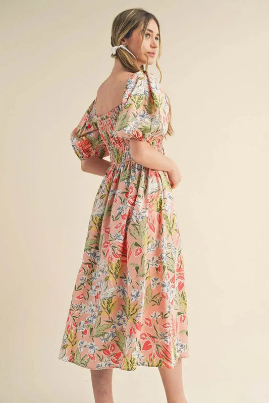 Apricot Pink Floral Knot Smocked Bubble Sleeve Dress