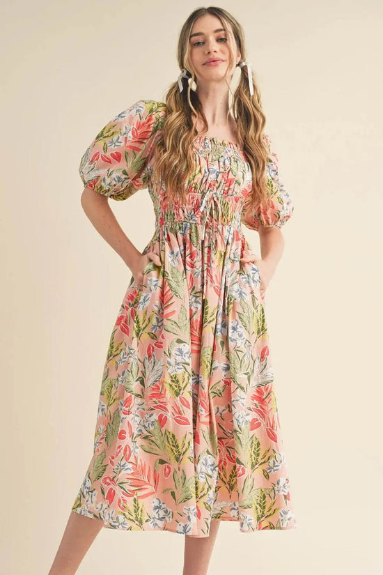 Apricot Pink Floral Knot Smocked Bubble Sleeve Dress - IVORYNN