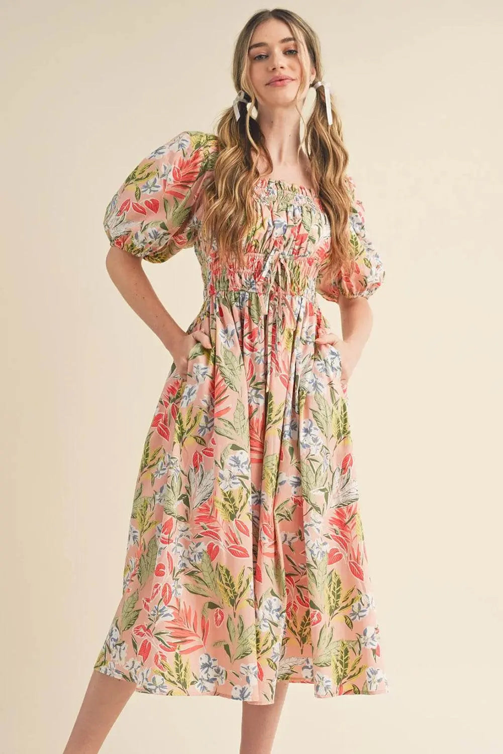 Apricot Pink Floral Knot Smocked Bubble Sleeve Dress - IVORYNN