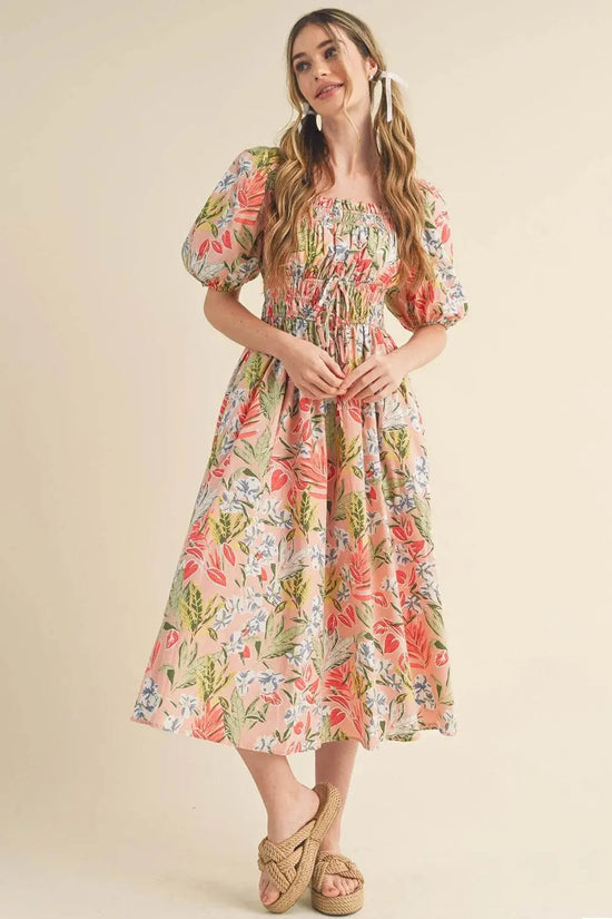 Apricot Pink Floral Knot Smocked Bubble Sleeve Dress - IVORYNN