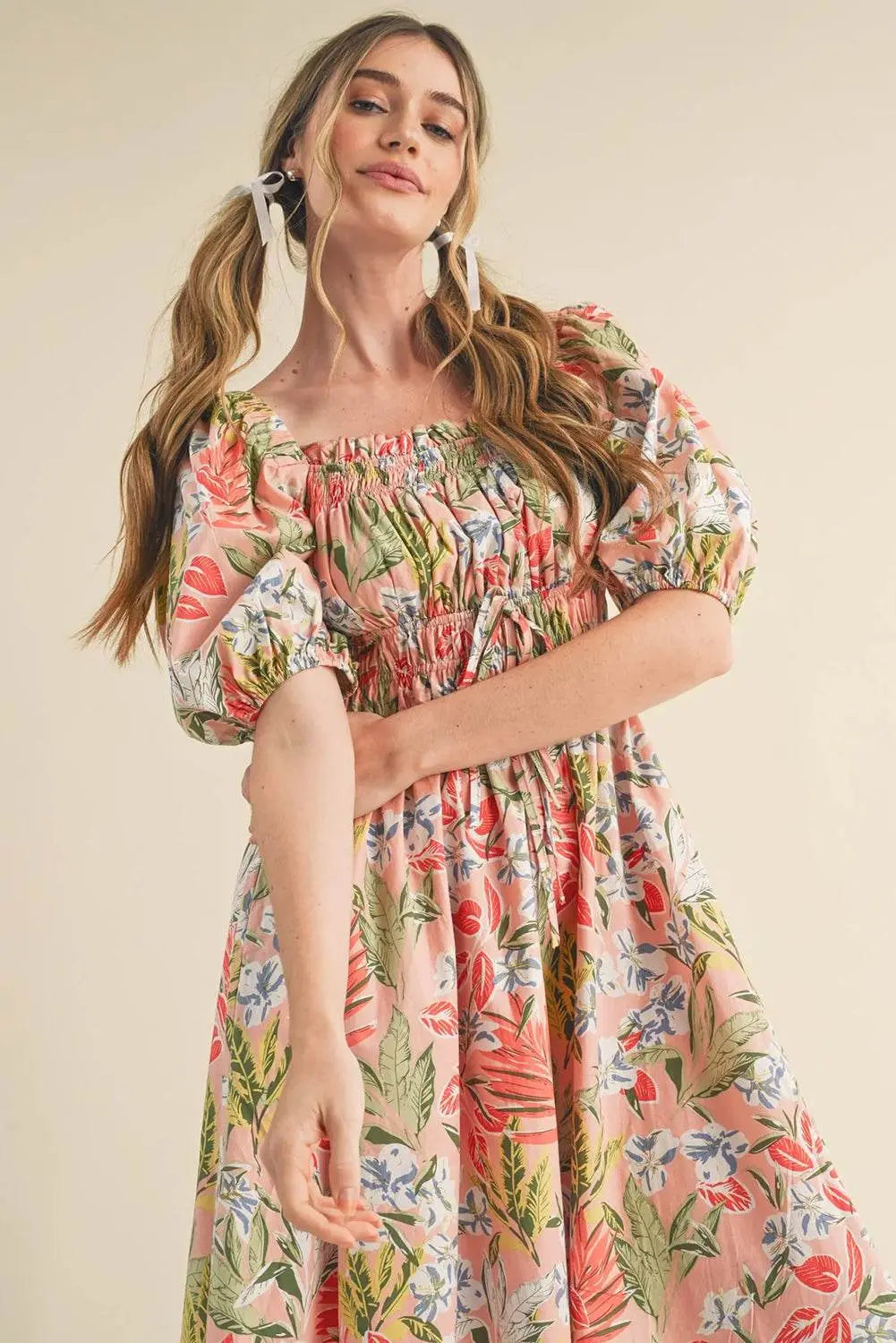 Apricot Pink Floral Knot Smocked Bubble Sleeve Dress - IVORYNN
