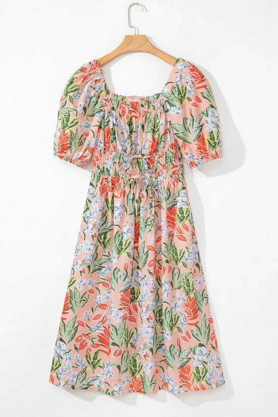 Apricot Pink Floral Knot Smocked Bubble Sleeve Dress - IVORYNN