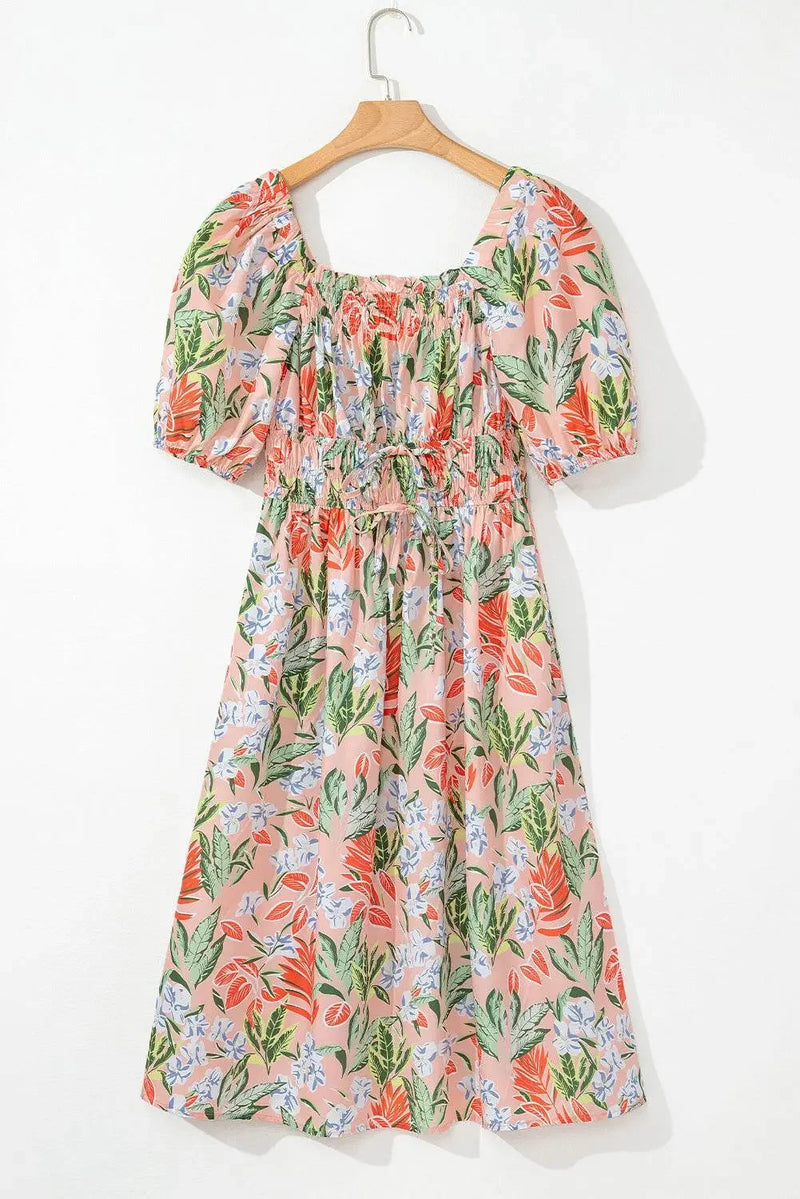 Apricot Pink Floral Knot Smocked Bubble Sleeve Dress - IVORYNN