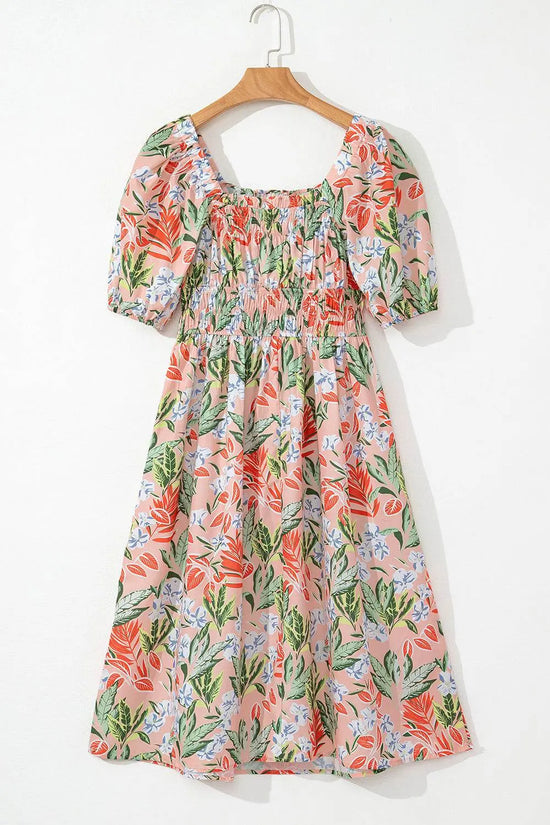 Apricot Pink Floral Knot Smocked Bubble Sleeve Dress - IVORYNN