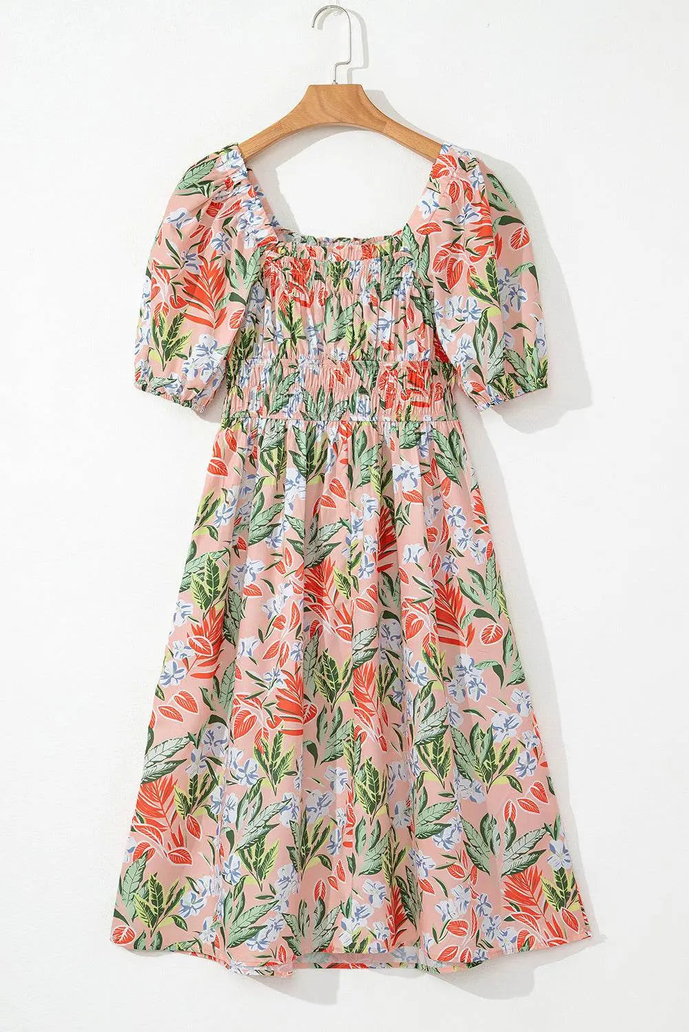 Apricot Pink Floral Knot Smocked Bubble Sleeve Dress - IVORYNN