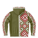 Olive zip-up hoodie with red and white geometric patterns, modern stylish apparel from Ivorynn.