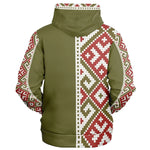 Olive zip-up hoodie with red and white geometric tribal pattern, back view, Ivorynn fashion