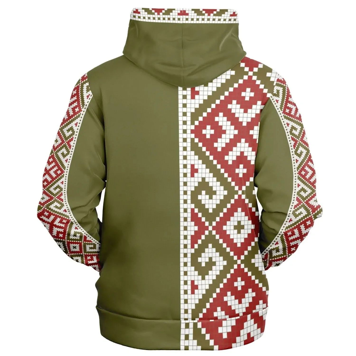 Olive zip-up hoodie with red and white geometric tribal pattern, back view, Ivorynn fashion