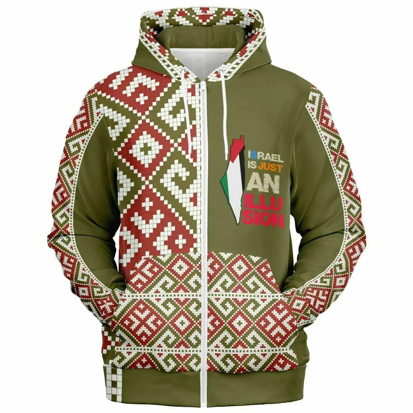 Olive zip-up hoodie with Palestinian embroidery pattern, map graphic, and statement text, Ivorynn