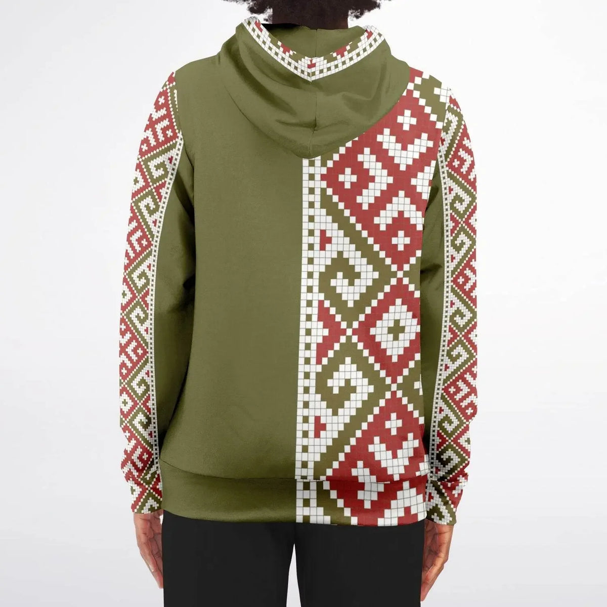 Olive zip-up hoodie with red and white geometric patterns, modern unisex fashion by Ivorynn