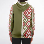 Olive zip-up hoodie with red and white geometric patterns, modern unisex fashion by Ivorynn