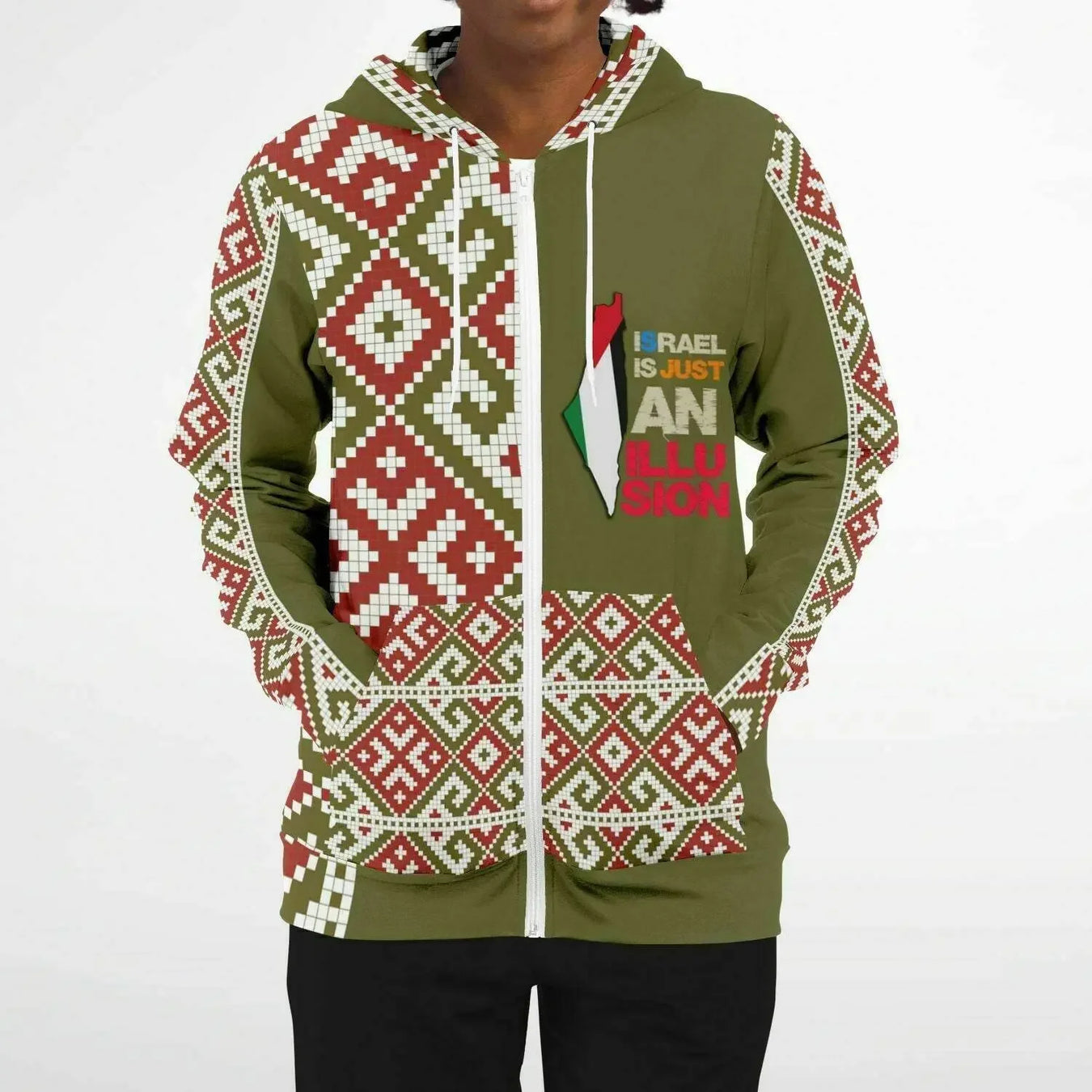 Olive green athletic zip-up hoodie with geometric red and white patterns and front pockets, IVORYNN apparel.