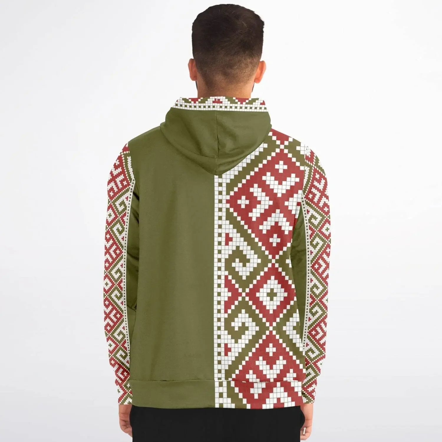 Back view of athletic olive zip-up hoodie with red and white geometric pattern, Ivorynn fashion