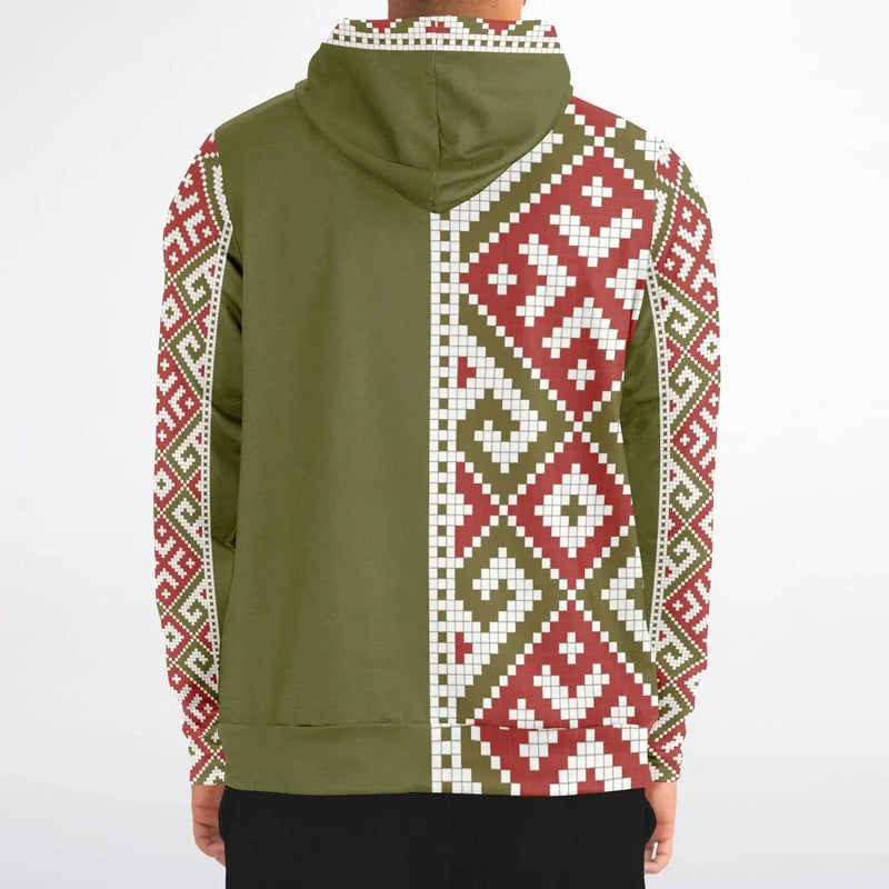Olive green zip-up hoodie with red and white geometric pattern, back view, Ivorynn fashion