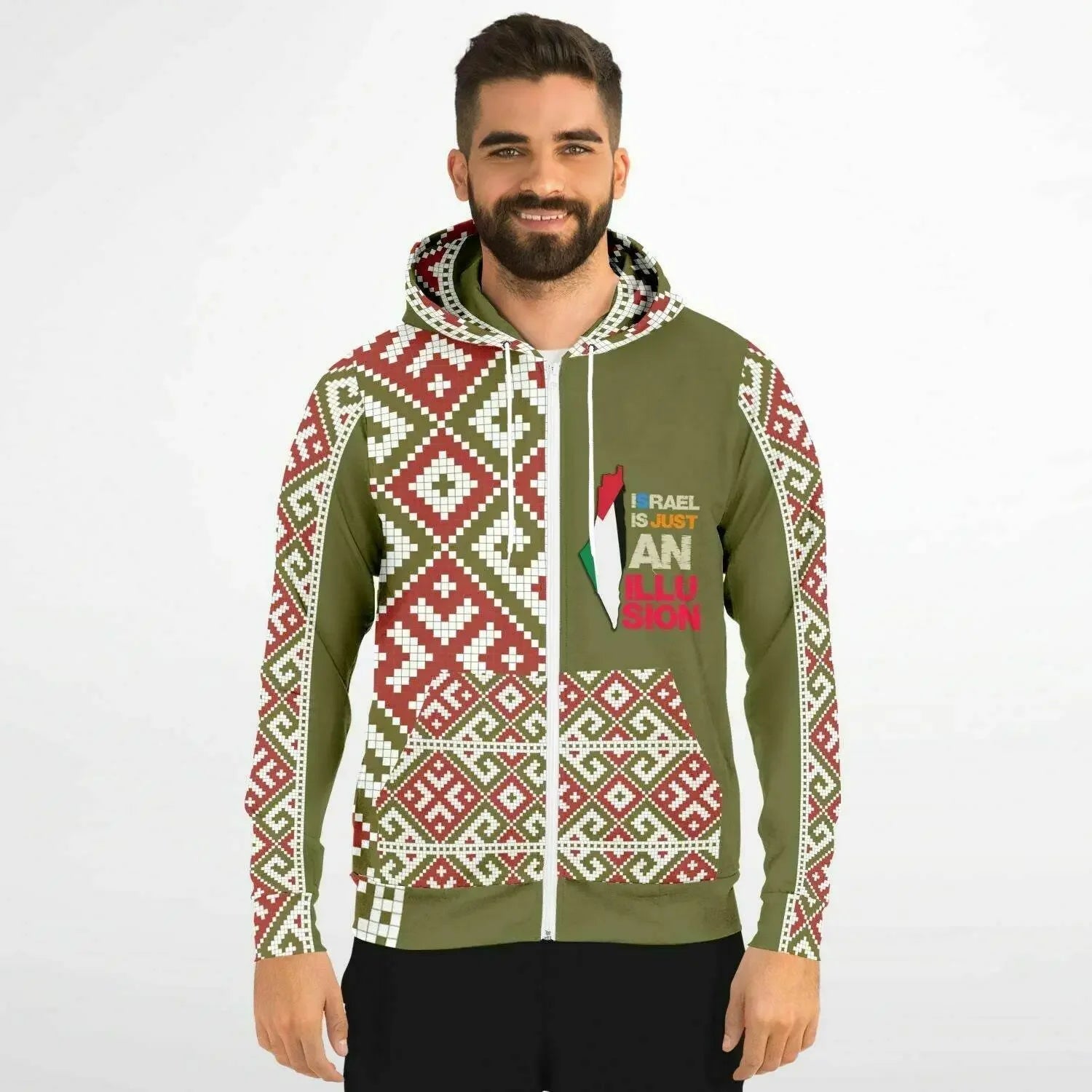 Man modeling olive zip-up hoodie with geometric print, luxury streetwear at Ivorynn
