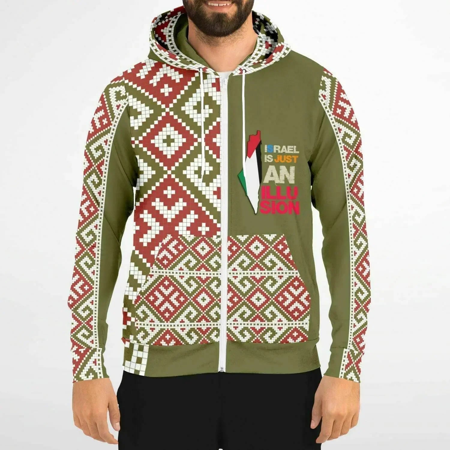 Man wearing olive zip-up hoodie with geometric patterns and bold statement text on front.