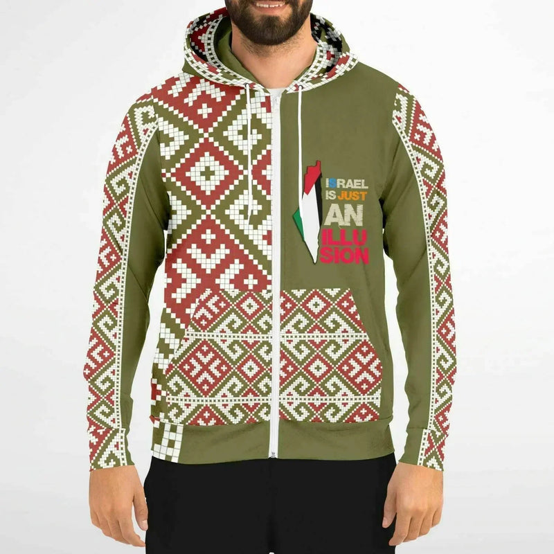 Man wearing olive zip-up hoodie with geometric patterns and bold statement text on front.