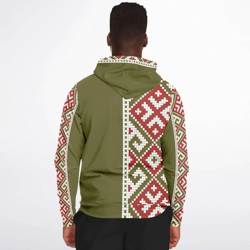 Man wearing olive athletic zip-up hoodie with red and white geometric pattern, Ivorynn fashion