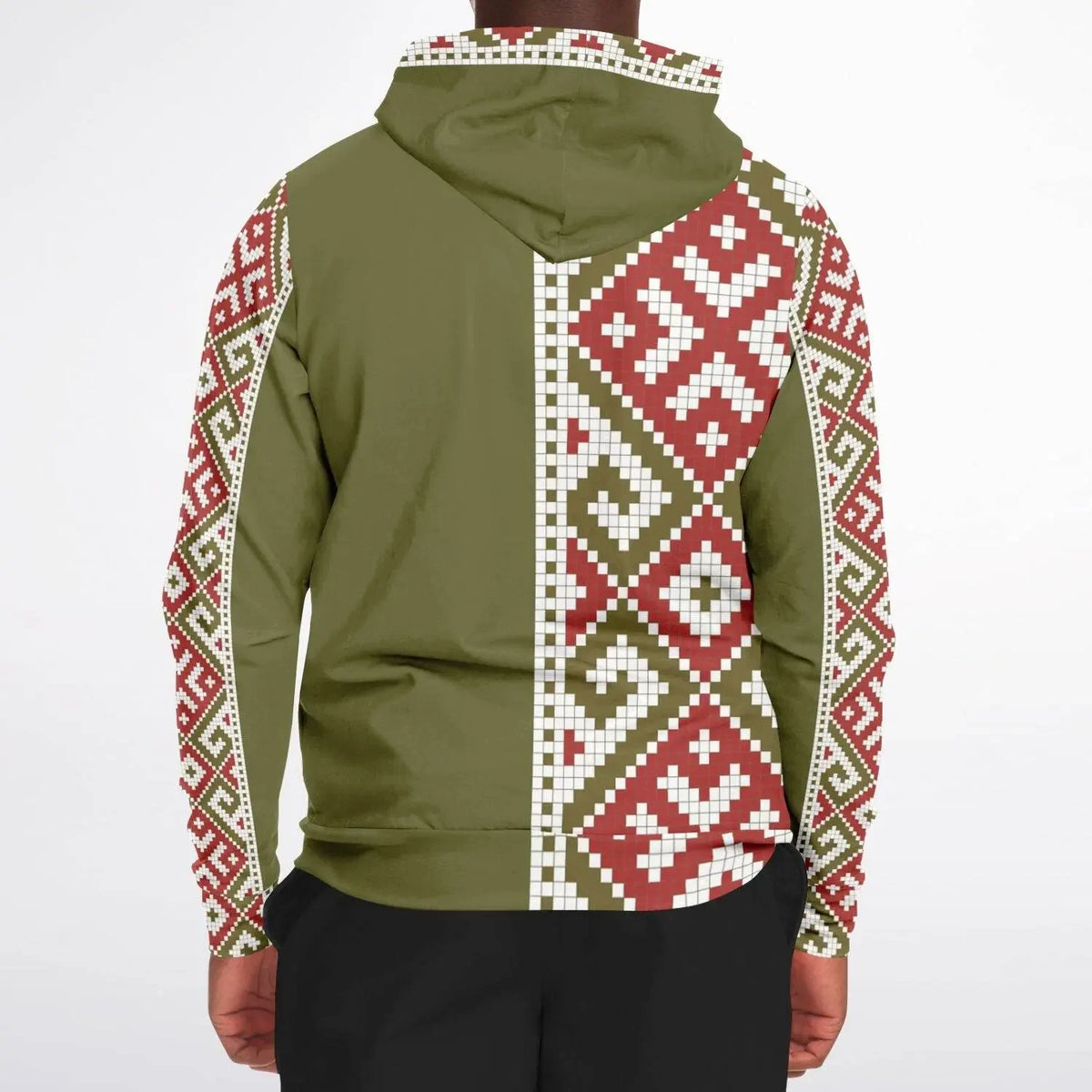 Men's olive zip-up hoodie with red and white geometric patterns, modern streetwear from Ivorynn