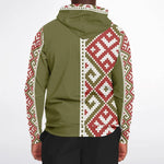 Men's olive zip-up hoodie with red and white geometric patterns, modern streetwear from Ivorynn