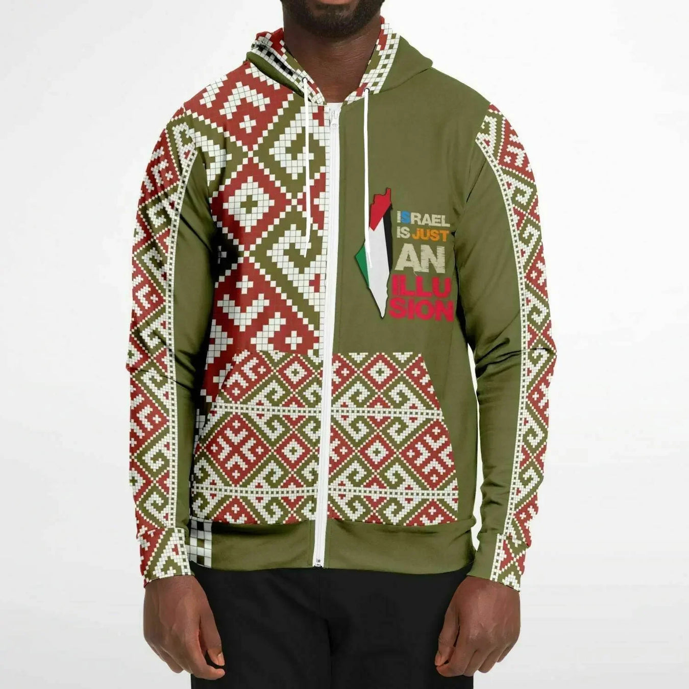 Olive athletic zip-up hoodie with geometric red and white patterns, modeled by a man, Ivorynn fashion.